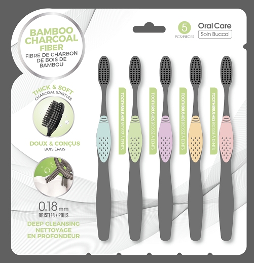 Miniso Soft Bristle Bamboo Charcoal Toothbrushes (5 Count)