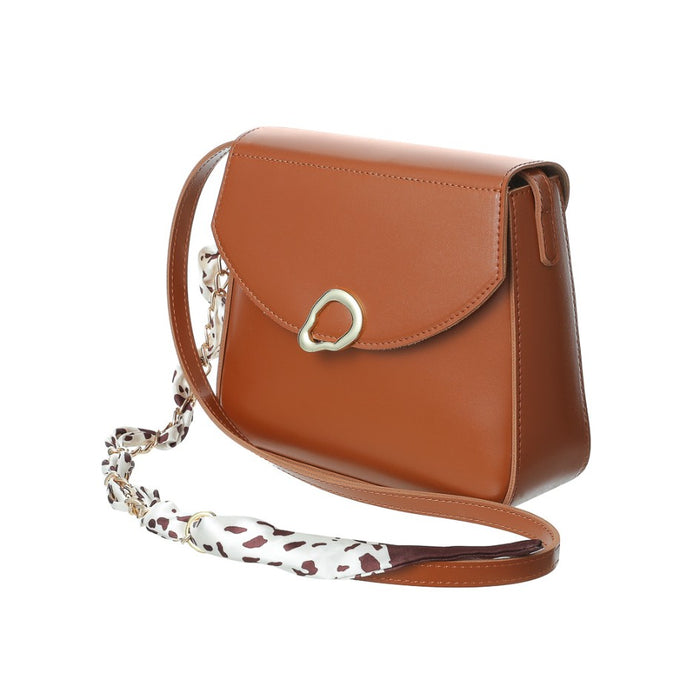 Miniso Flap Crossbody Bag with Silk Like Scarf and Chain Coffe
