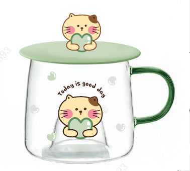 Miniso Cartoon Series High Borosilicate Glass Cup with Lid (300mL)(Cat)