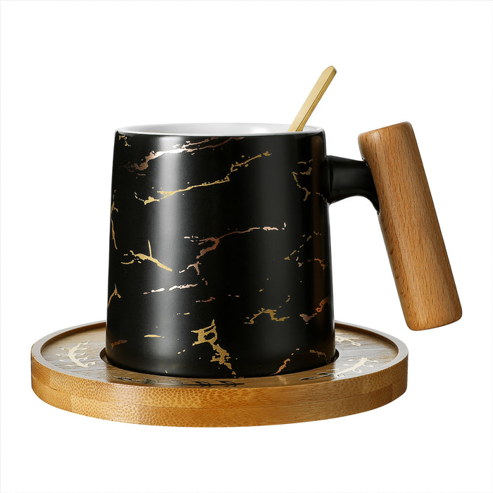 Miniso Marble Ceramic Mug with Wood Handle with Coaster & Spoon, 235mL (Black)