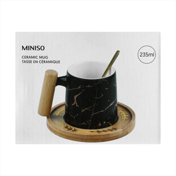 Miniso Marble Ceramic Mug with Wood Handle with Coaster & Spoon, 235mL (Black)