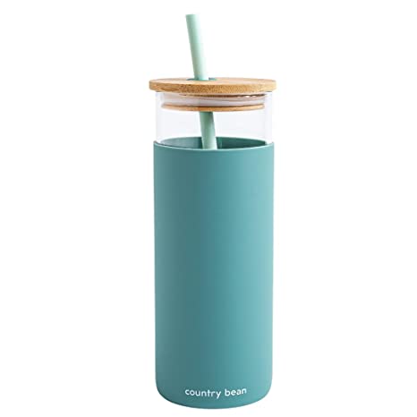 Miniso High Borosilicate Glass Water Bottle with Straw and Bamboo Lid (400mL) Green