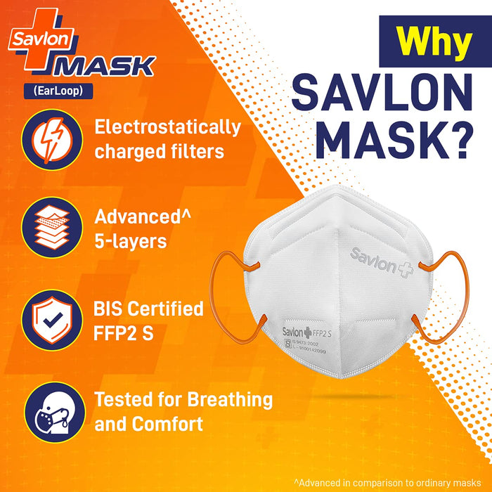 Savlon Mask | BIS Certified FFP2 S Mask | Earloop | Pack of 4