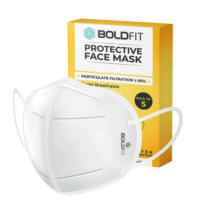 Boldfit Anti Pollution Cotton N95 Reuseable Unisex Face Mask (White, Without Valve, Pack of 5) Third Party Tested by manufacturer at SGS & Ministry of Textiles