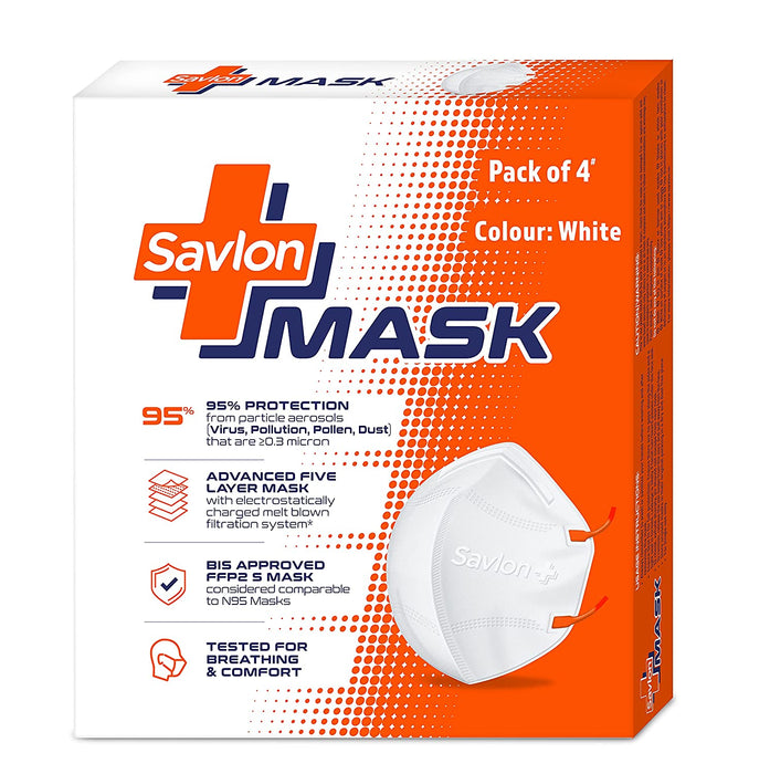 Savlon Mask | BIS Certified FFP2 S Mask | Earloop | Pack of 4